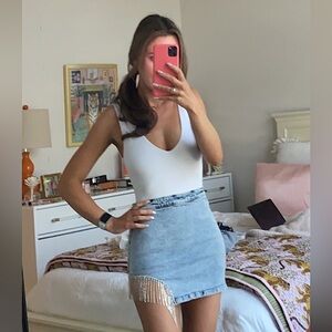 NWOT Denim Rhinestone Fringe Mini Skirt